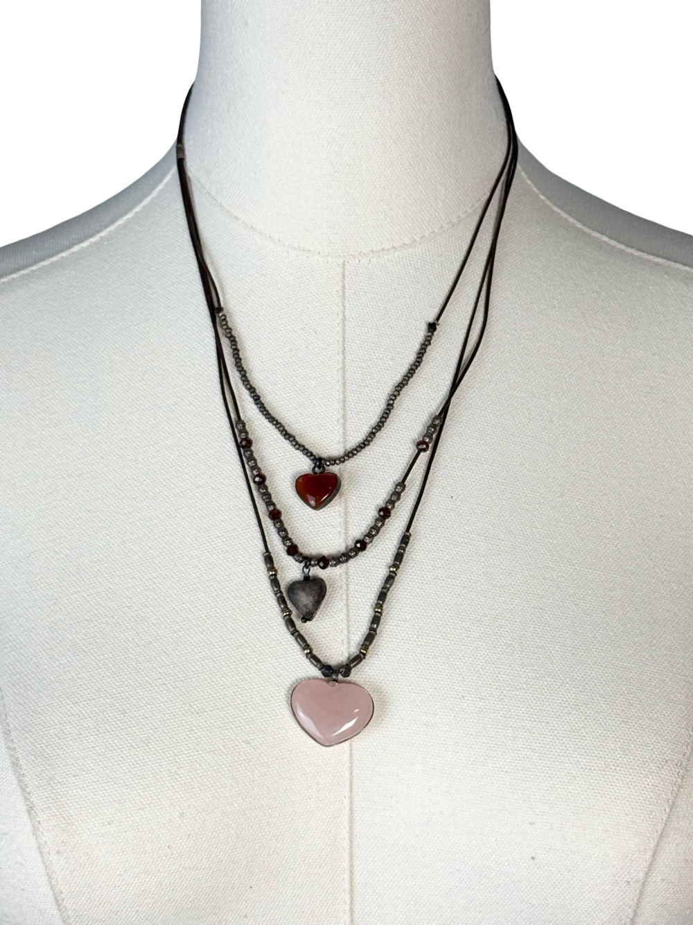 Sundance Catalog Multi-Strand Leather Necklace with Three Heart Pendants
